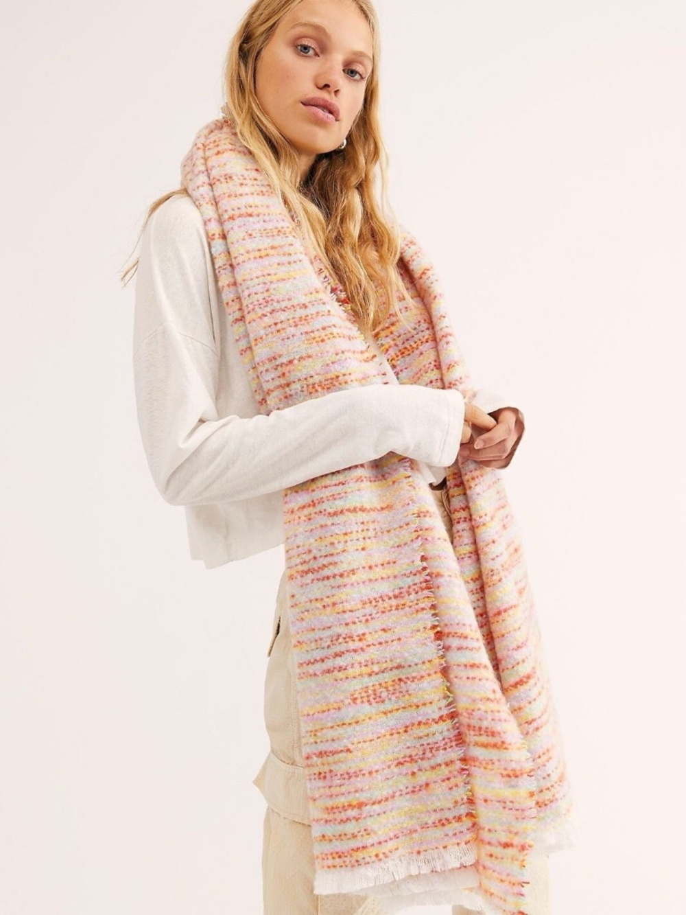 Free People Off the Grid Blanket Scarf Pink Yellow Ivory